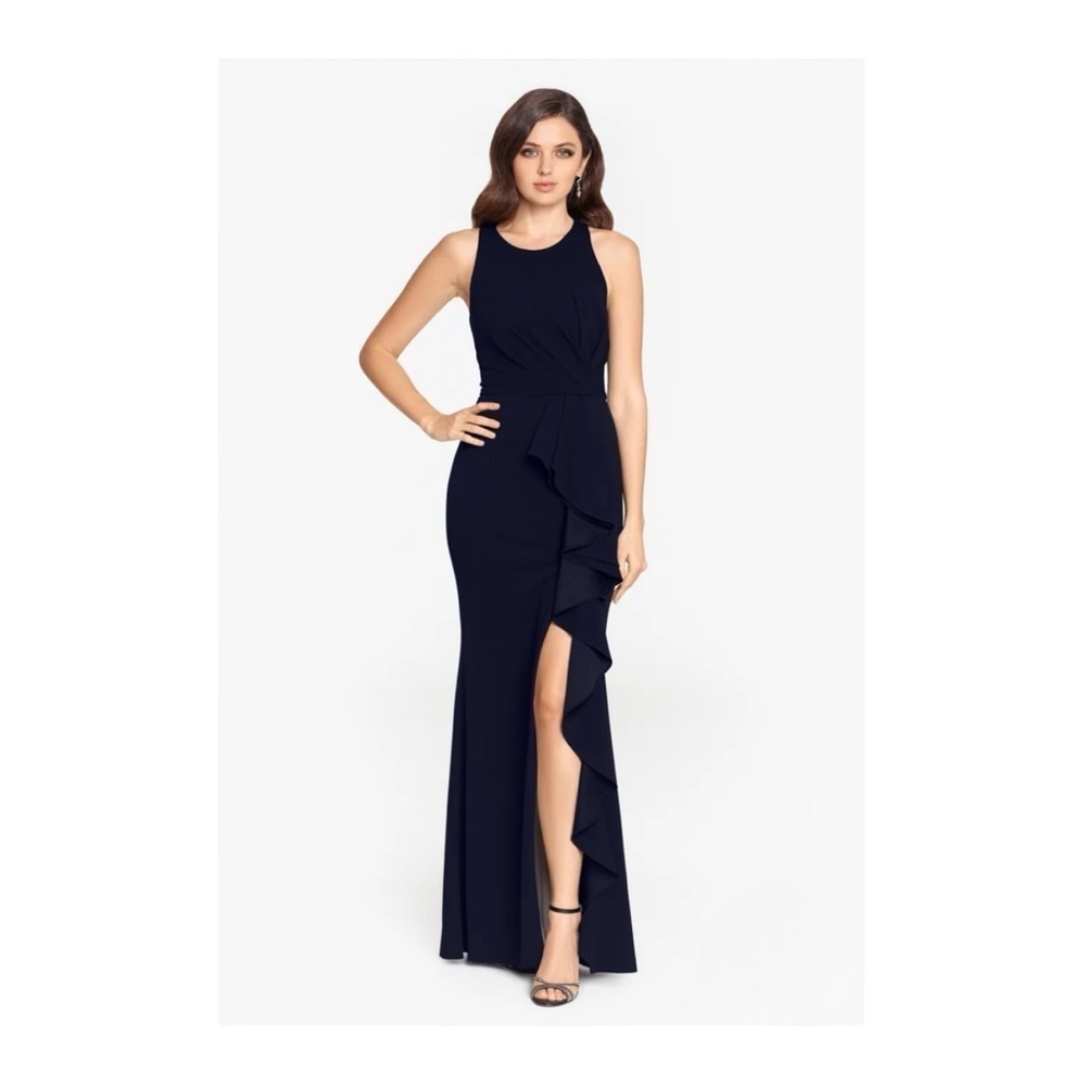 Betsy & Adam “Colby” Sleeveless Scoop Neck Crepe Ruffle Dress in Black NWT